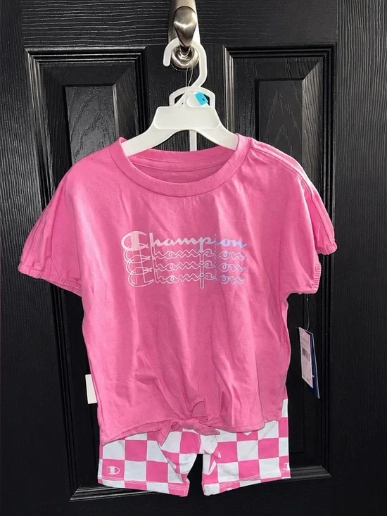 Champion Pink Tee with Pink & White Checkerboard Shorts Set