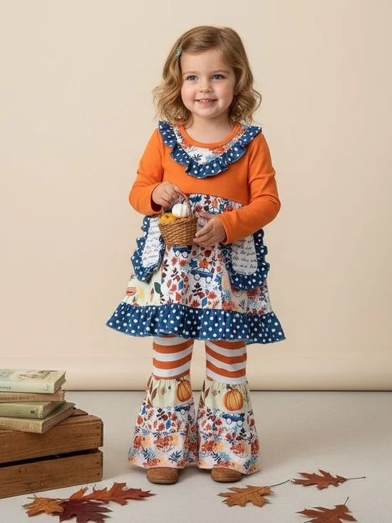 Girls Orange Floral Pumpkin Ruffle Dress & Leggings Pants Set Boutique