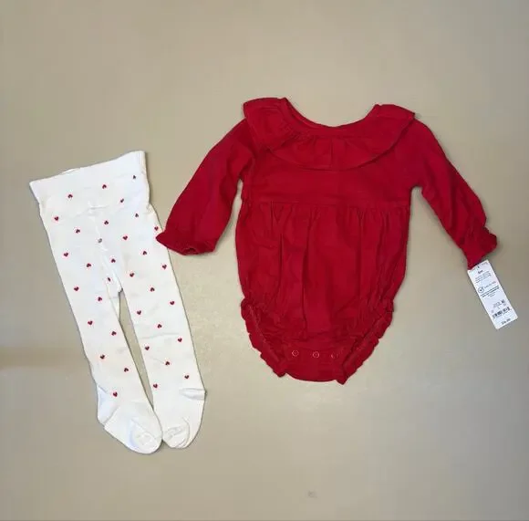 Baby Girl Carter’s Red Ruffle Bodysuit Heart Tights 2 Piece Set 6M NWT