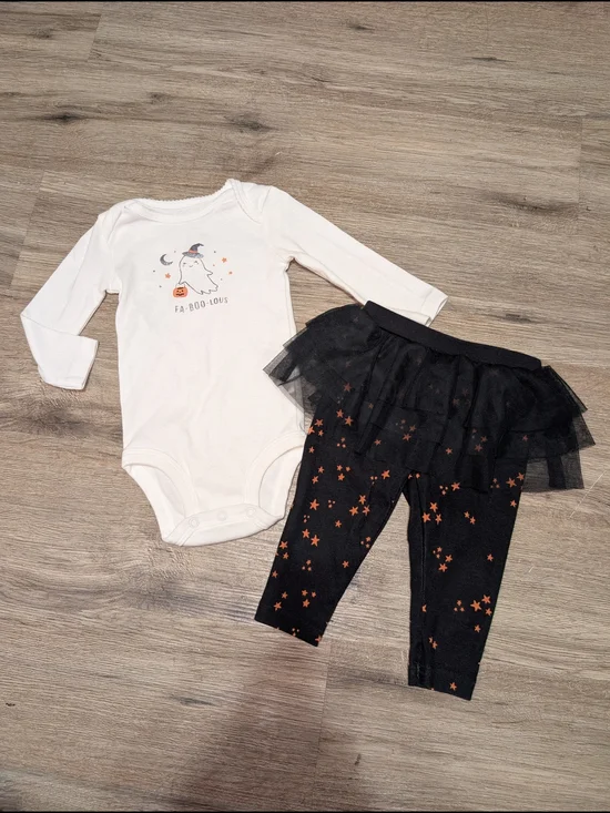 Carter's Baby Girls 6Mo. White Ghost Long Sleeve Onesie Black Star Tutu Leggings