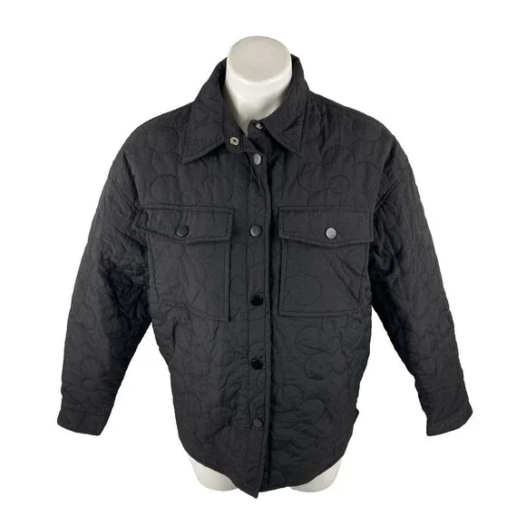 Entro Women Medium Black Jacket Metal Snap Flower Quilting Lightweight
