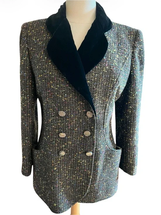 Emanuel Ungaro Black Tweed Blazer with Multicolor Speckle & Velvet Lapel Size 14