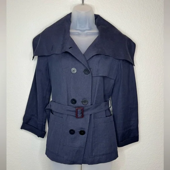 Giorgio Armani Short‎ Belted Trench Jacket Linen Blend M Navy Blue