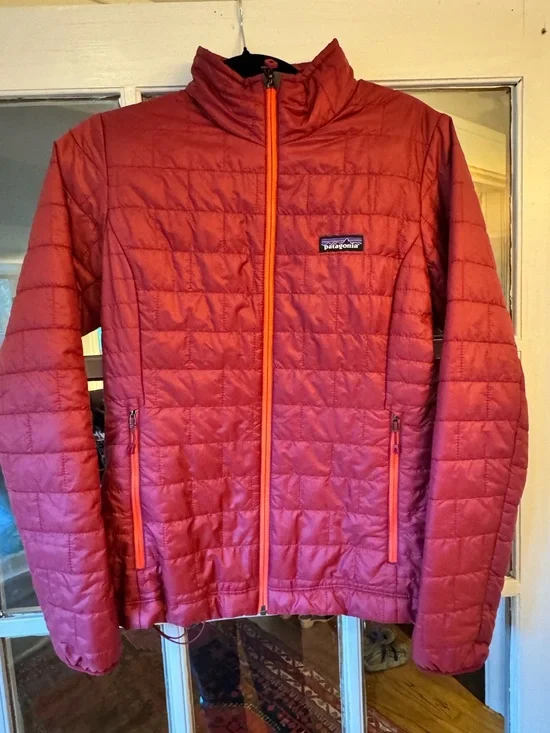 Patagonia Women's Quilted Puffer Jacket in Red with Orange Trim