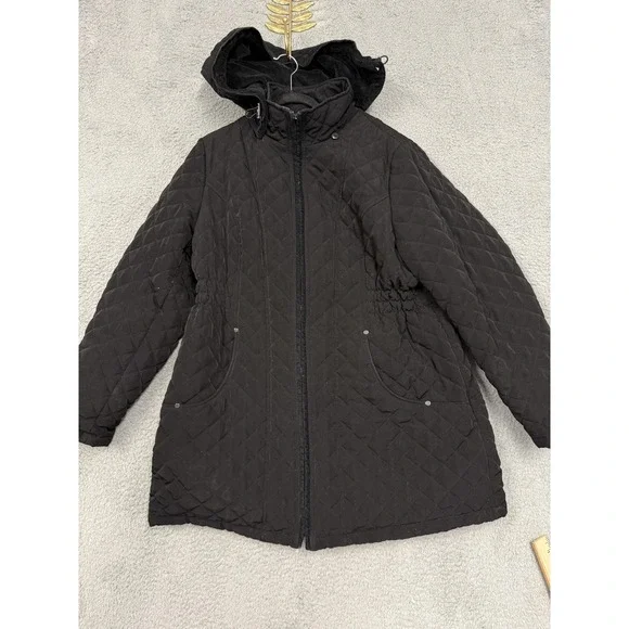 St. John's Bay Jacket Womens 1X Black Quilted Hooded Faux Fur Lined‎ Zip Pockets