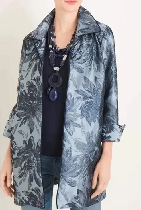 Chico's NEW Blue Tonal Floral Jacquard Open-Front Collared Coatigan Women's XL