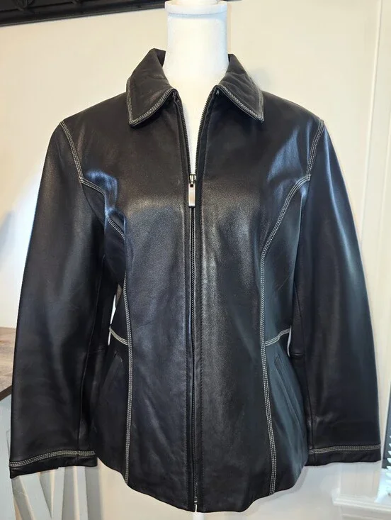 Nine & Company Vintage Black Leather Zip-Front Women's Jacket Size Medium