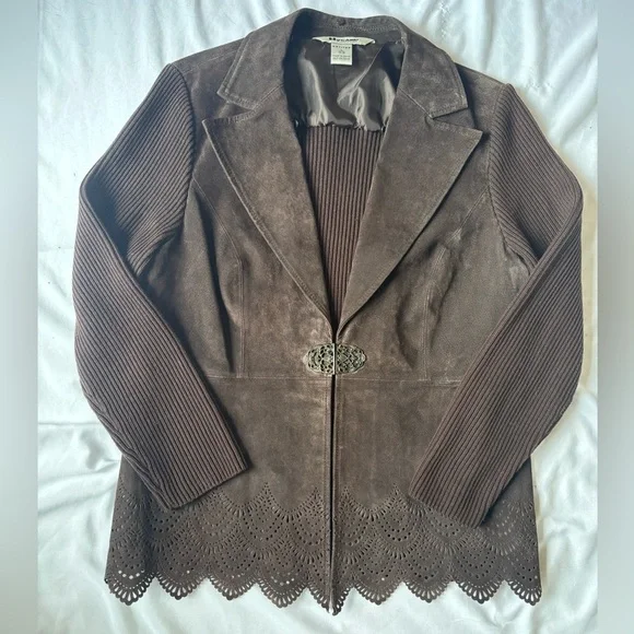 Nygard Collection Petites Faux Suede Knit Jacket Laser Cut Trim Brown L 14 16