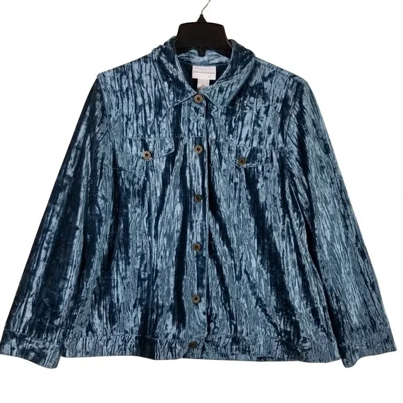 Alfred Dunner Jacket Women L Teal Blue Crushed Velvet Button Up Shimmer 116s