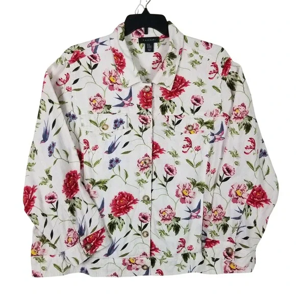 Tahari Jacket Womens 3X White Floral Bird Print Linen Blend Button Front 92s