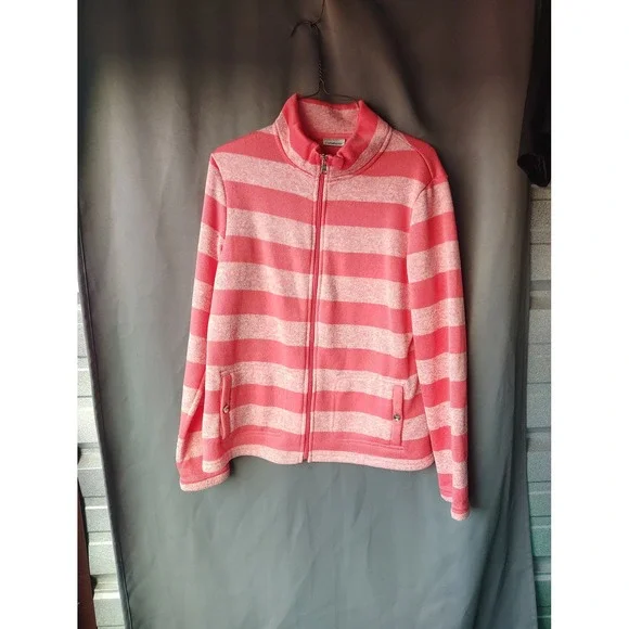 Croft & Barrow Womens Medium Pink White Striped Full Zip Fleece Jacket Mock Neck