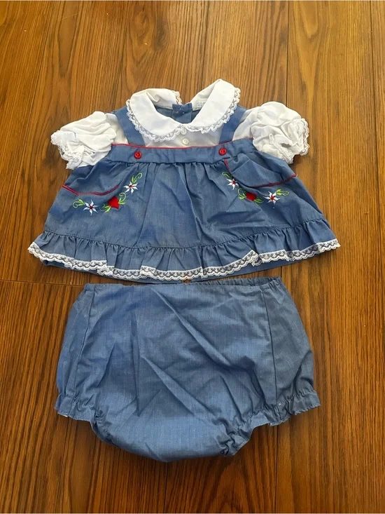 Vintage Blue Embroidered Dress Set with Bloomers