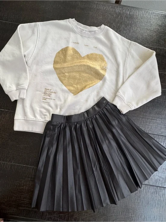 Zara Girls 9/10 Outfit Bundle – Cream Sweatshirt + Leather Skater Skirt ✨