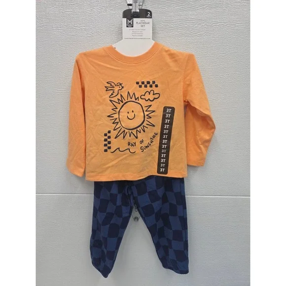 Member's Mark Boys Playwear Set 3T Orange Ray of Sunshine Tee Checkered Pants