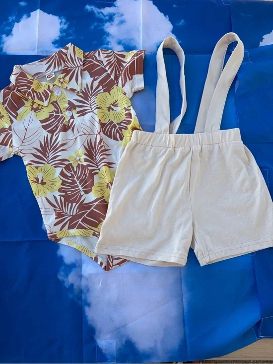 Cream Suspender Shorts with Yellow & Brown Floral Bodysuit - Girls Bottoms 2T/3T