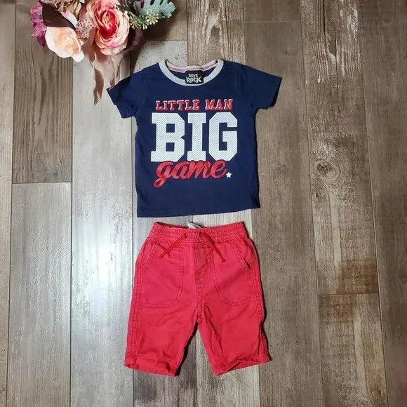 Boys Rock Size 12m Matching Baby Boy Outfit Red Blue Cotton 2 Piece EUC