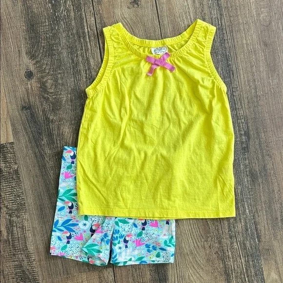 Mini Boden Bright Yellow Top with Pink Bow and Patterned Shorts