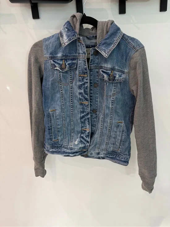 Abercrombie & Fitch Denim Jean Jacket with Gray Hooded Knit Sleeves