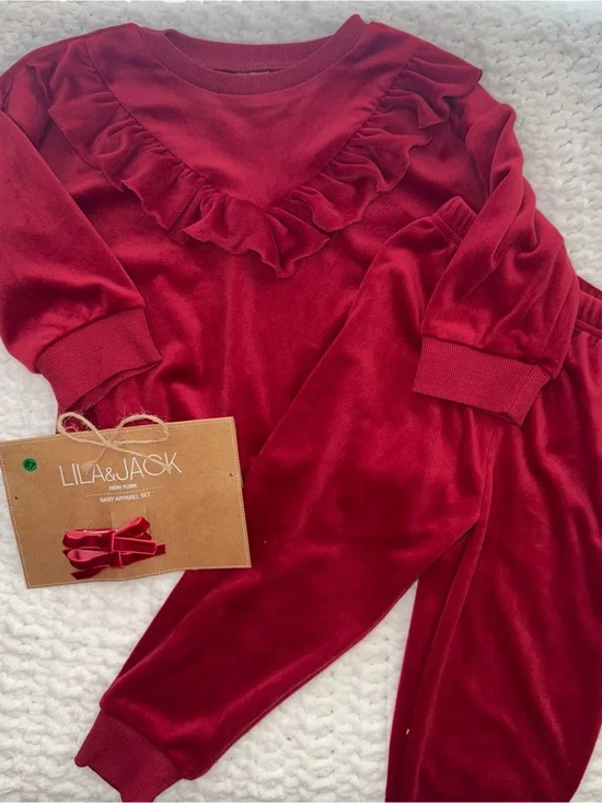 Girls' Red Velvet Ruffle  Set