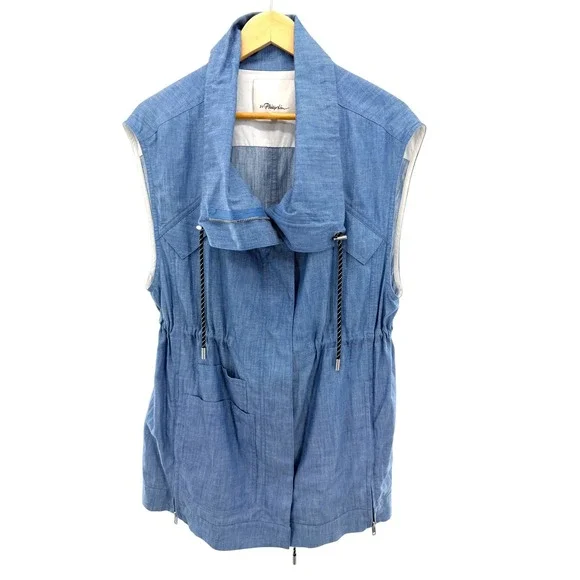3.1 Phillip Lim Womens Blue Cotton Chambray Utility Vest Funnel Neck Size S‎