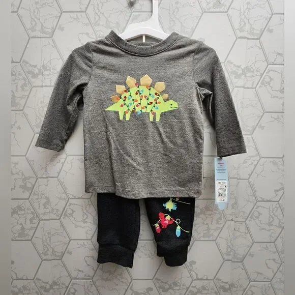 Nwt Cat & Jack Boys Christmas Lights Dinosaur Joggers Outfit,  Size 12 months