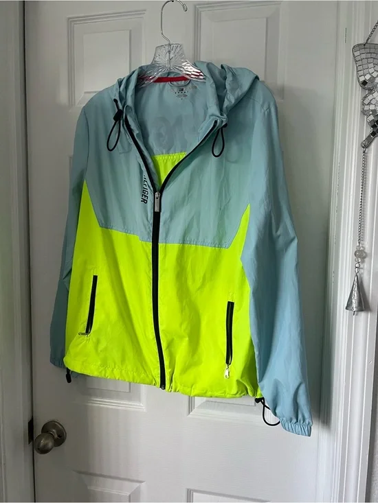 Tommy Hilfiger Light Blue and Neon Yellow Colorblock Hooded Jacket