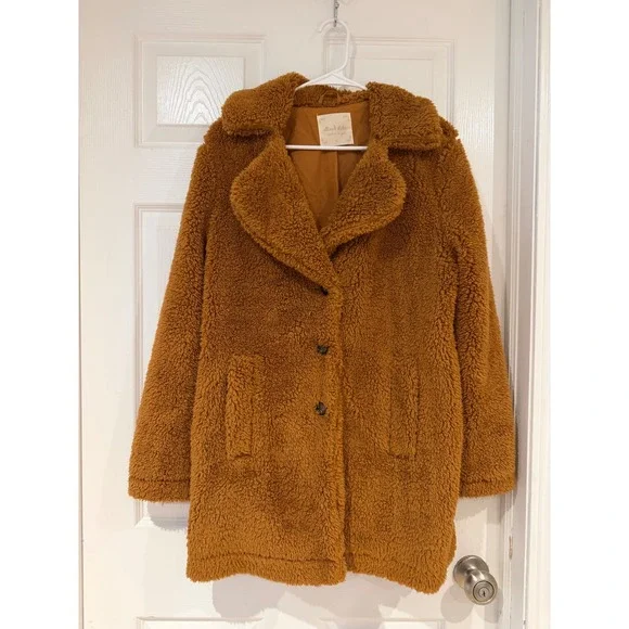 Altar'd State Brown Faux Fur Teddy Coat Jacket Large Cognac Sherpa Peacoat