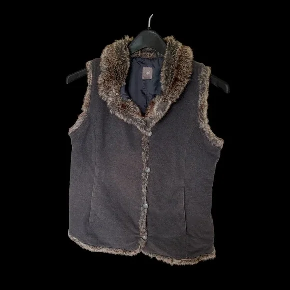 J. Jill Women Charcoal Gray Faux Fur Trim Button Front Vest Small 94181002‎