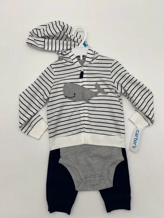 Carter's 24M Whale Themed White & Navy Striped Hoodie Outfit Set