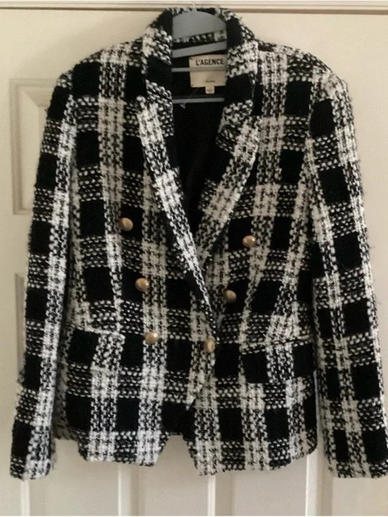 L’AGENCE Kenzie Double-Breasted Tweed Blazer Black White Plaid - Size 4