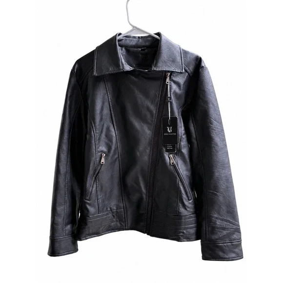 World Collection Black Moto Mixer Jacket W Size L Made In Italy VG Zip NWT
