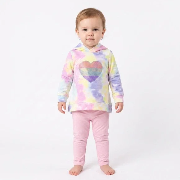 Btween Baby Girls Fleece Heart Hoodie & Leggings Outfit Set 12 Months Tie Dye