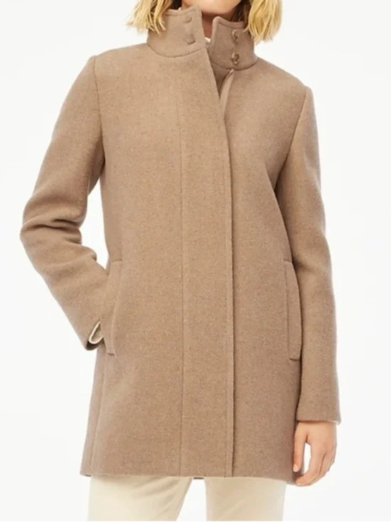 J.Crew City wool Coat Button Neck Heather Acorn Camel Size 10