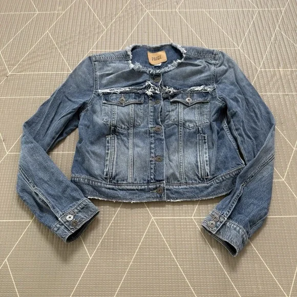 Paige Denim Jean Jacket Sz Small Distressed Medium Wash Raw‎ Trim