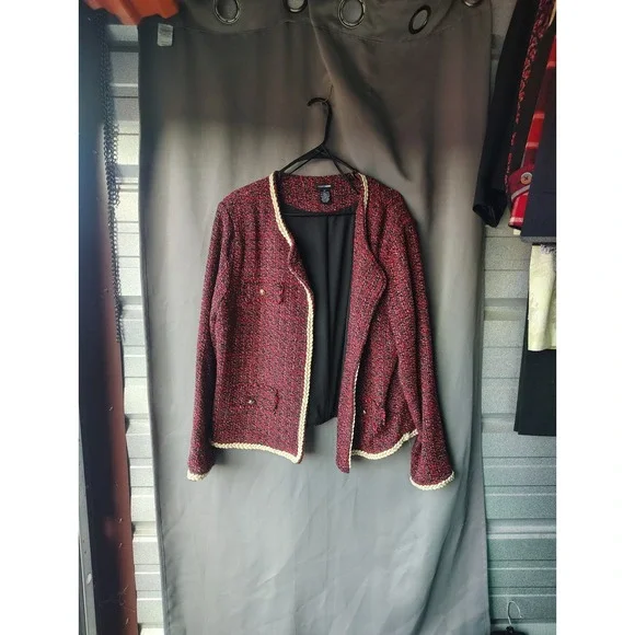 Fashion Nova Red Tweed Open Front Blazer Jacket Braided Trim Plus Size 2X JJ2130