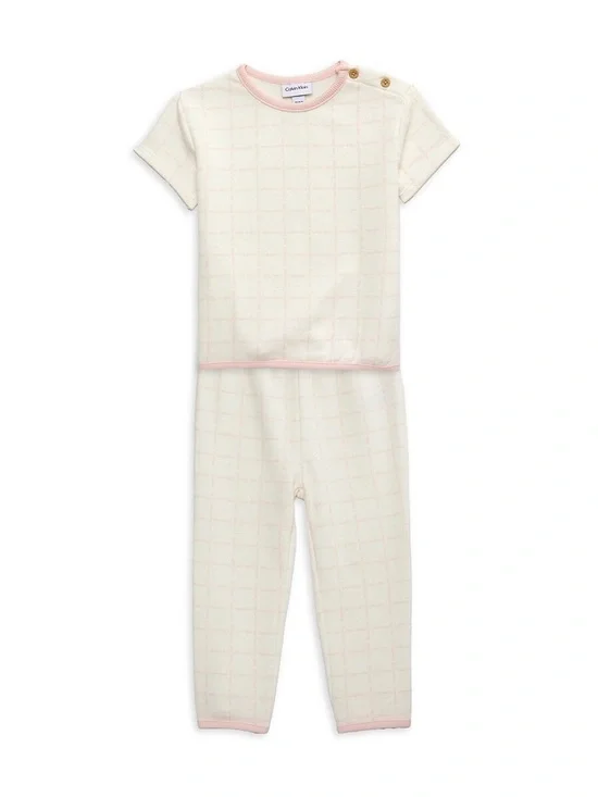 Calvin Klein Cream & Pink Grid Baby Girl Pajama Set. Baby Gift.  NWT MSRP $49.50