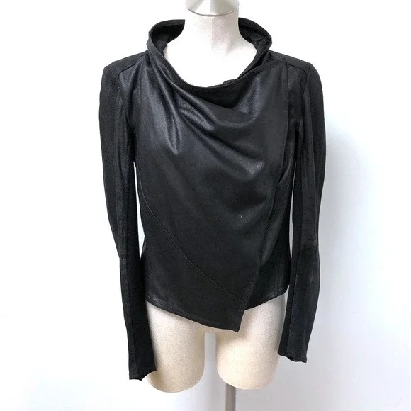 Lamarque Madison Leather Jacket Womens Medium Black‎ Draped Cowl Asymmetrical