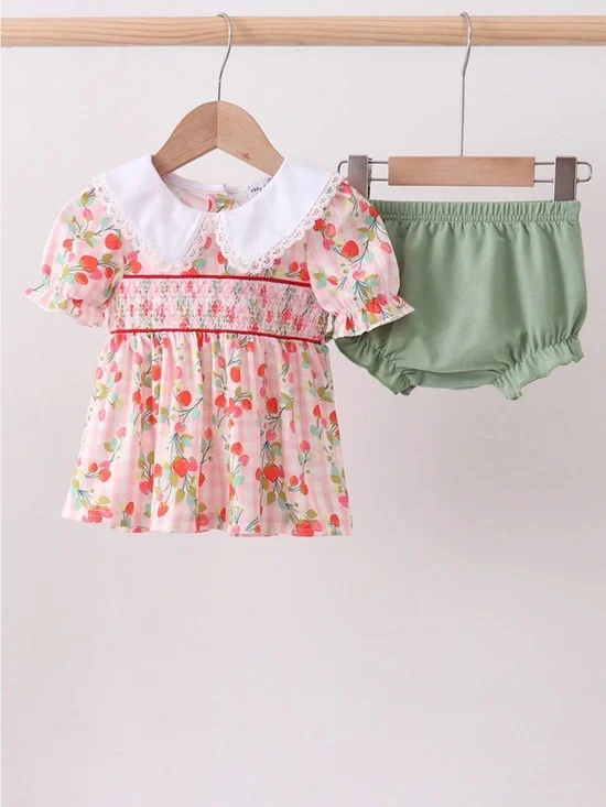 NWT Abby & Evie Baby Girl Strawberry-Print Smocked Top with Green Bloomers