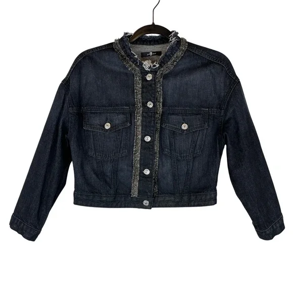 7‎ For All Mankind Cropped Trucker Jacket Black Fringe Denim AU4192091 WOBK S