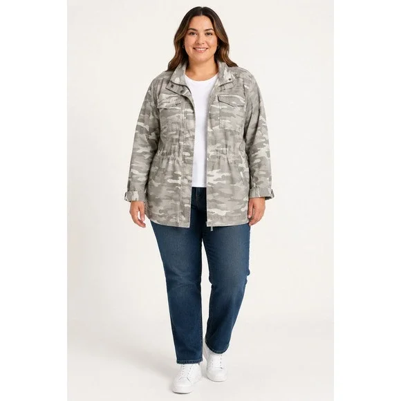 Style & Co Women's 2XL Gray Camo Cotton Utility Jacket Drawstring Waist