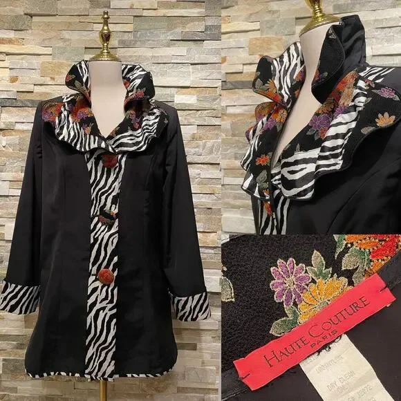Vintage 90s Haute Couture Paris Blazer | Zebra Floral Wired Collar