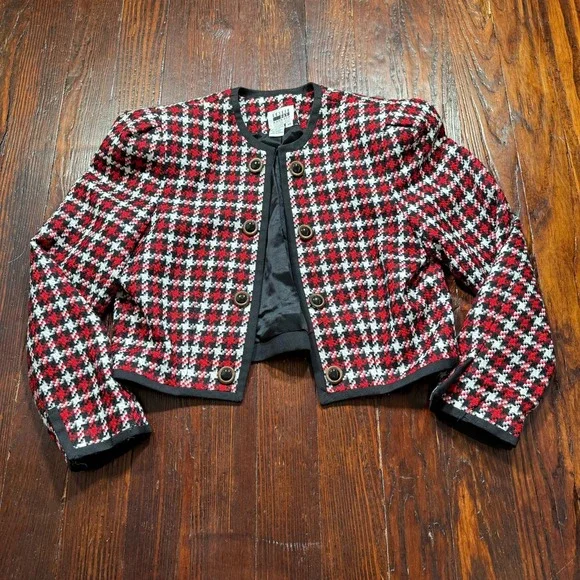 Vintage Leslie‎ Fay Jacket Womens 14 Red Houndstooth Plaid Maximalist Leslie