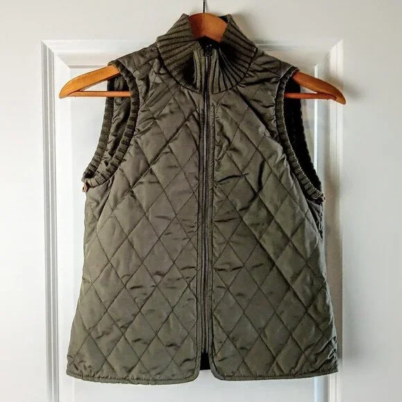 Massimo Dutti Olive Green Quilted Zip Front Vest