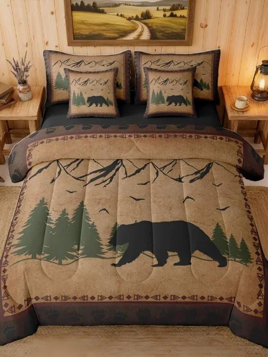 7 Pcs Bear Comforter Set King, Rustic Lodge Theme Bedding Sets for Kids Boys Tee