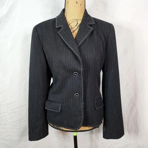 JOSEPHINE CHAUS Size‎ 10 Black and White Pinstripe Notch Collar Classic Blazer