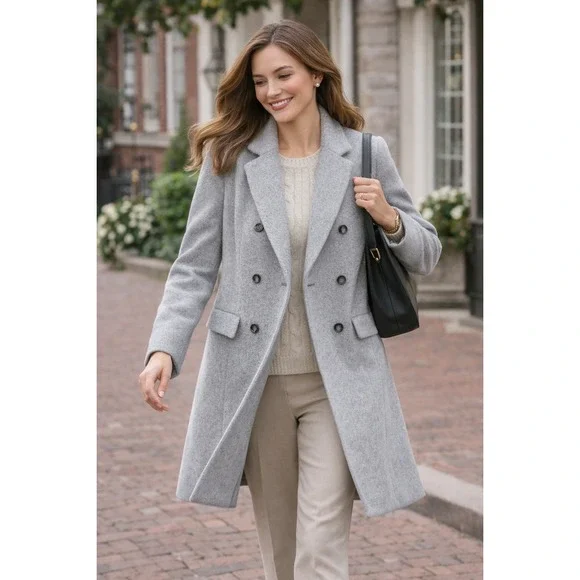 Talbots Women's Wool Cashmere Double‎ Breasted Gray Peacoat- Size 14