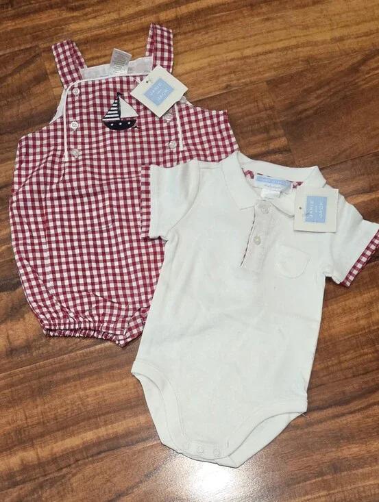 Janie and Jack NWT 0-3 Months Red Gingham Sailboat Romper & Cream Polo Bodysuit