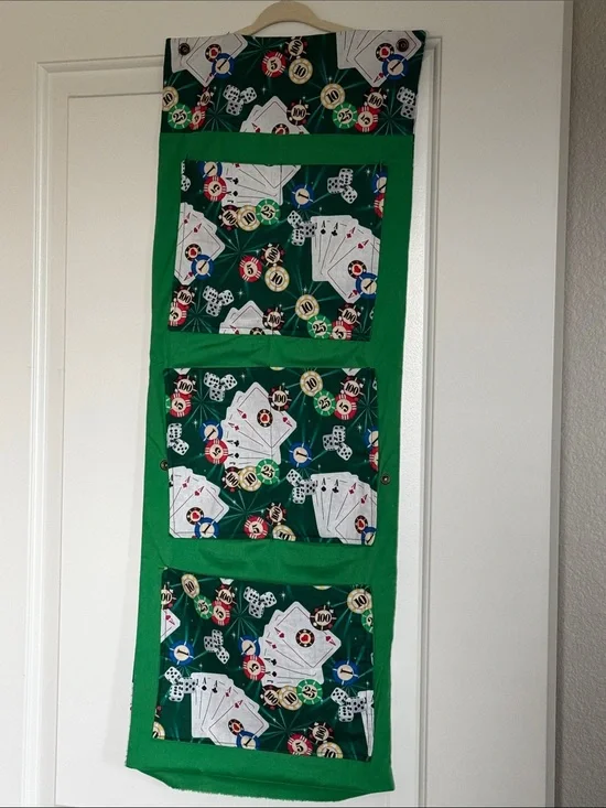 Vintage Poker-Themed Hanging Organizer in Green cards chips dice Vegas storage