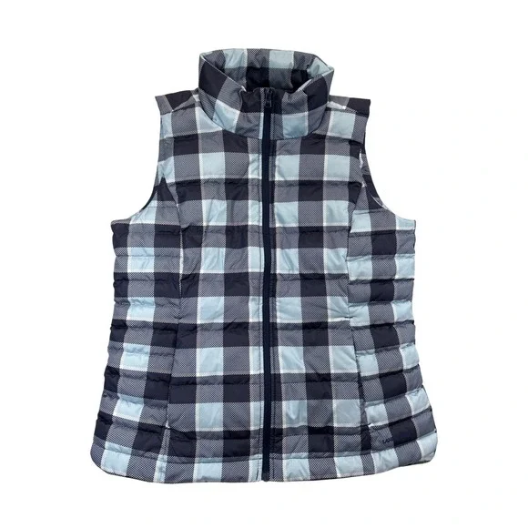 Lands End Quilted‎ Puffer Vest Womens Size S Blue Navy White Plaid