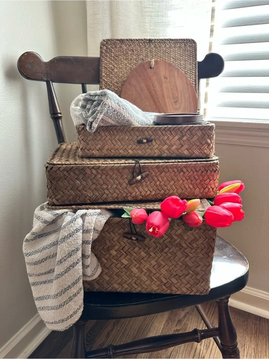 Woven Rattan Storage Trunk Set - Natural Brown